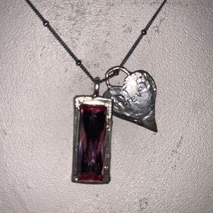 Silver Heart and Pink Pendant Necklace #008